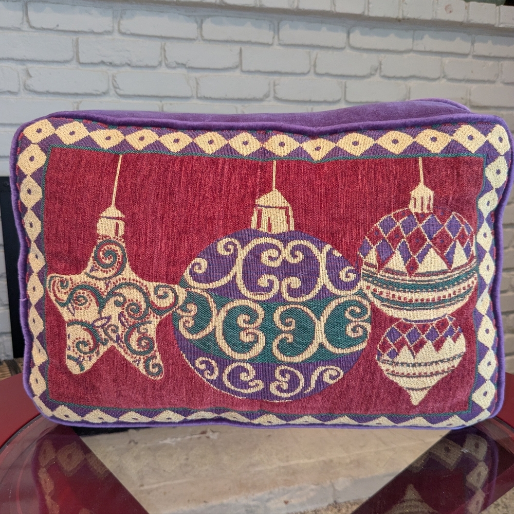 Holiday Tapestry Pillow Purple with Whimsical Christmas Ornaments 19”